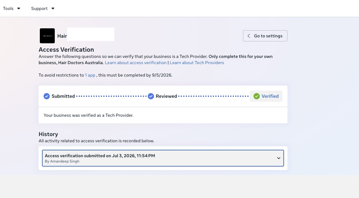 Meta Access Verification screen showing Submitted, Reviewed and Verified steps complete — business verified as a Tech Provider
