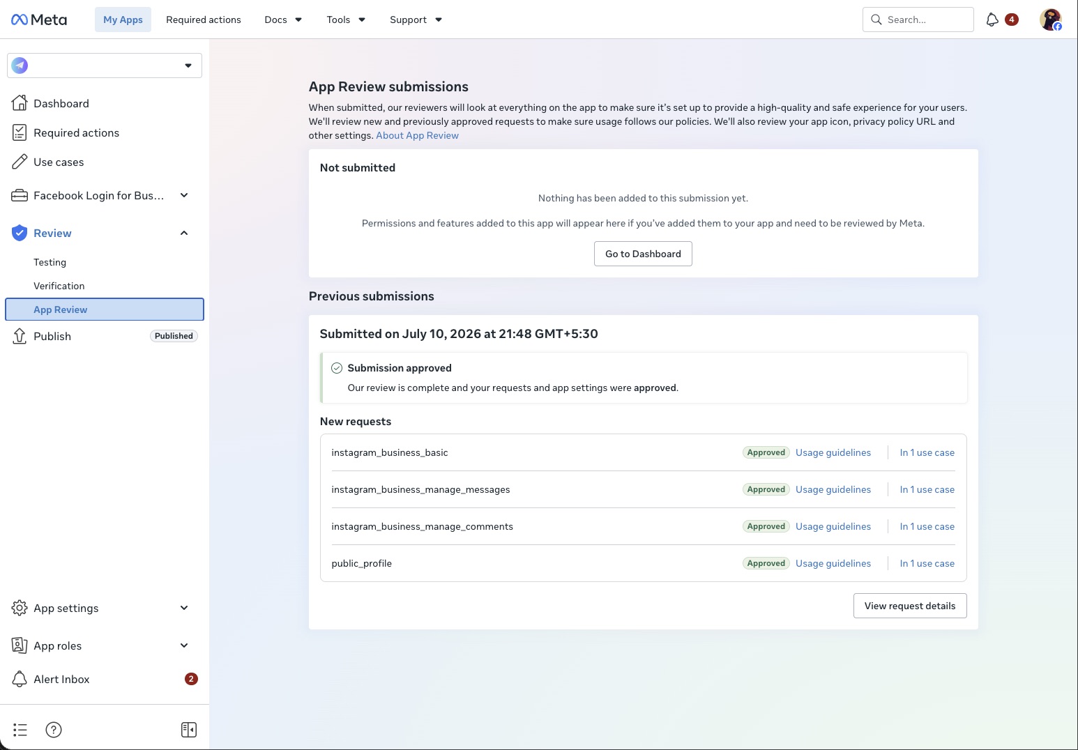 Meta App Review approval showing instagram_business_basic, instagram_business_manage_messages and instagram_business_manage_comments approved for an Instagram DM automation SaaS