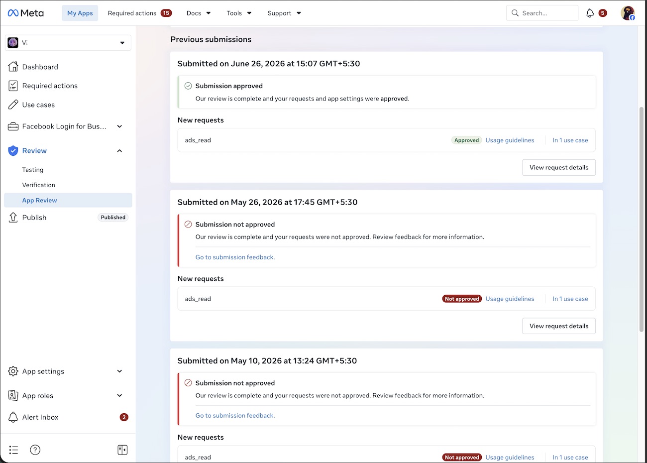 Meta App Review result showing the ads_read permission approved for a returning client's new app