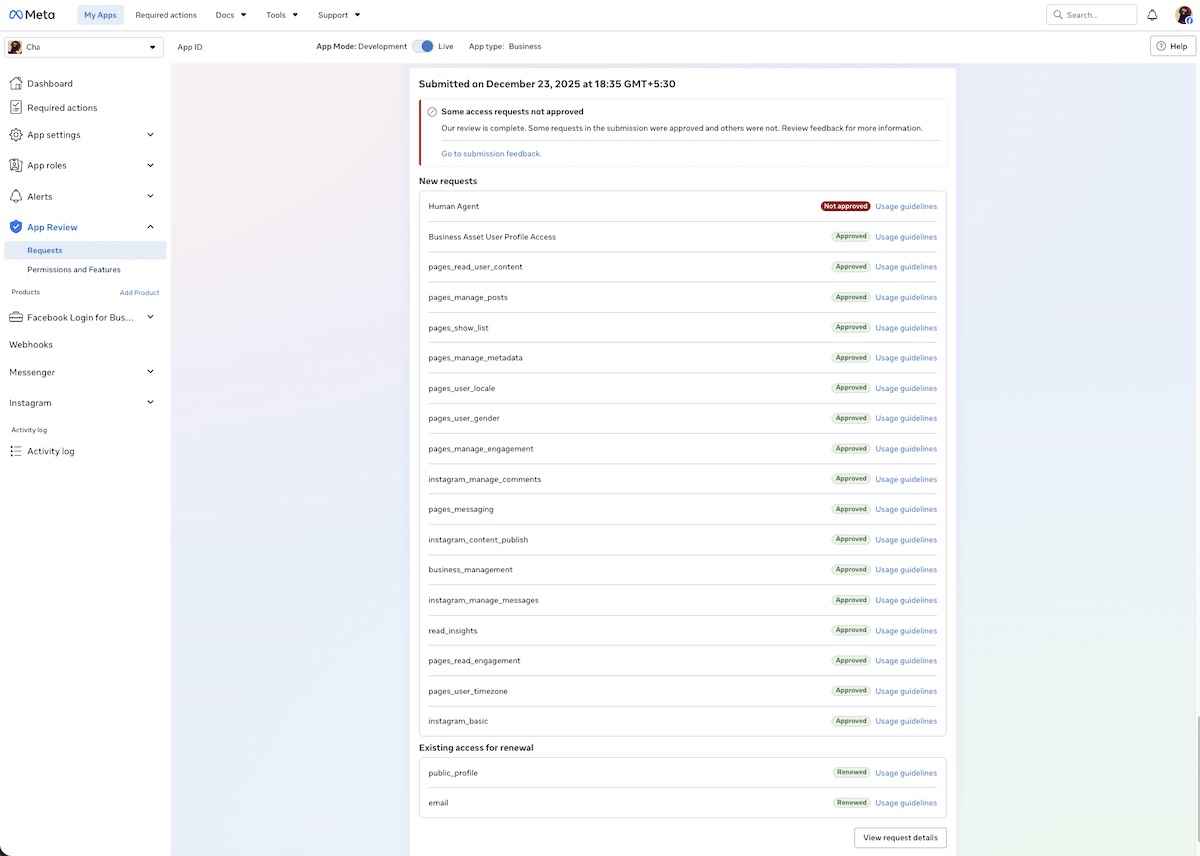 Meta App Review result showing approved permissions for a ChatPion Messenger chatbot platform