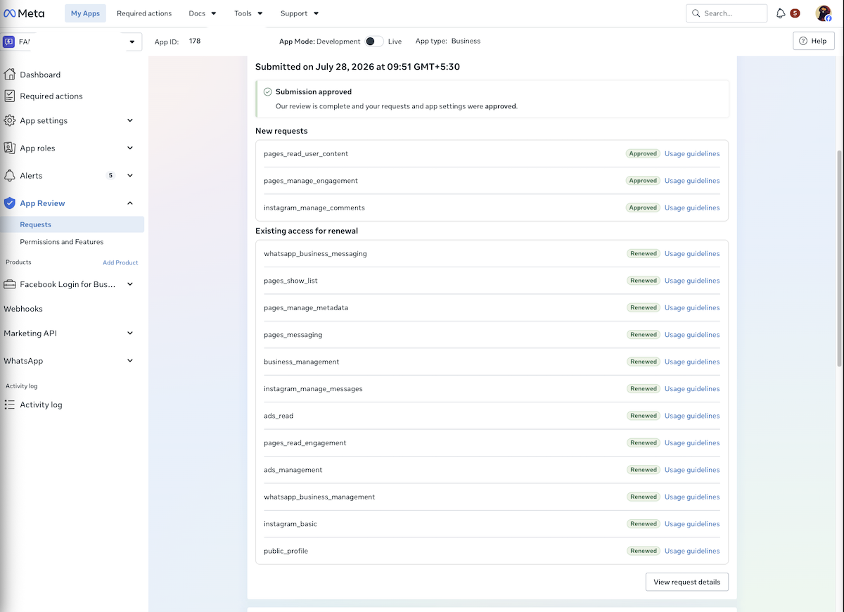 Meta App Review dashboard showing 15 approved permissions for a WhatsApp sales automation SaaS