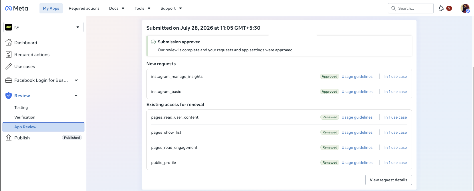 Meta App Review dashboard showing approved Facebook and Instagram reporting permissions