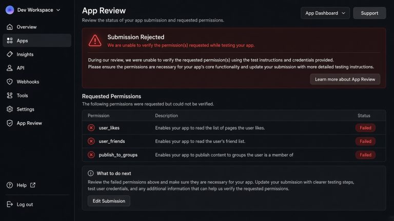 Unable to verify permission requested while testing app Meta App Review rejection diagnosis