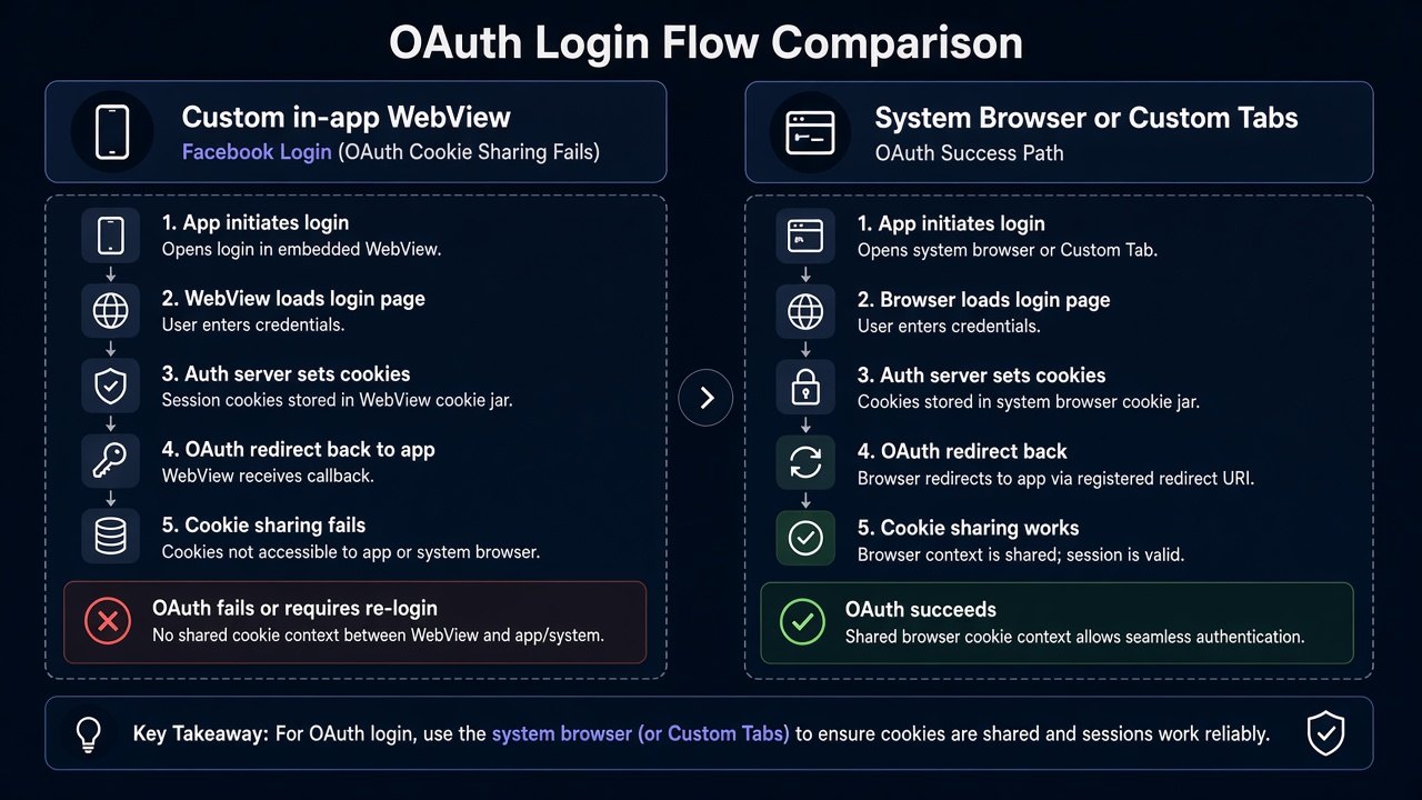 Facebook Login embedded WebView versus system browser OAuth path