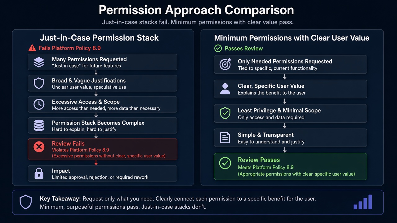 Policy 8.9 violation: just-in-case permission stack vs minimum permissions with user value