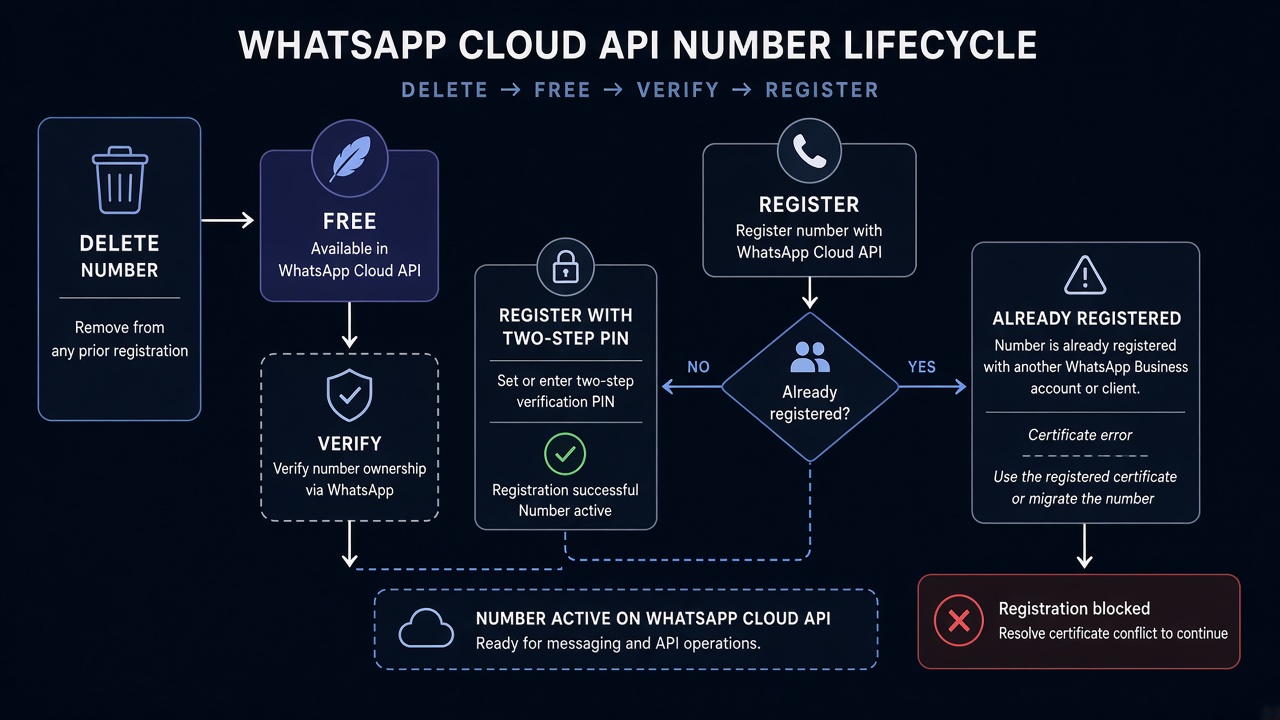 WhatsApp phone already registered vs certificate registration path