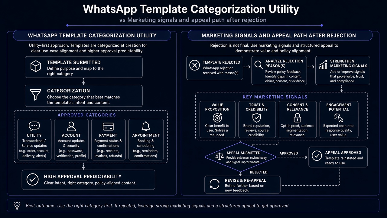WhatsApp template rejection — WhatsApp Template Categorization Utility vs Marketing Signals and Appeal Path