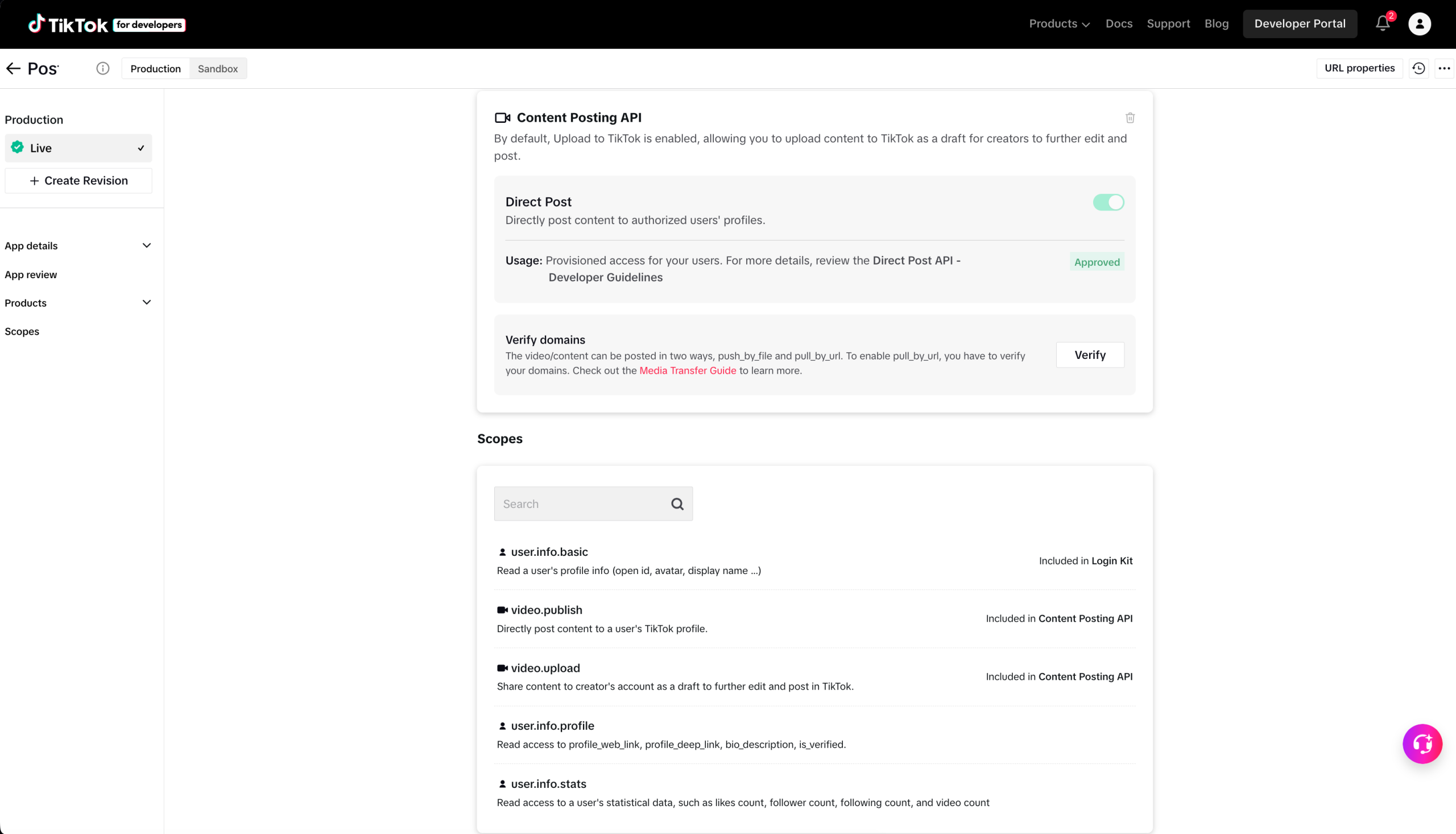 TikTok developer portal showing Content Posting API approved and 5 live scopes including video.publish and video.upload