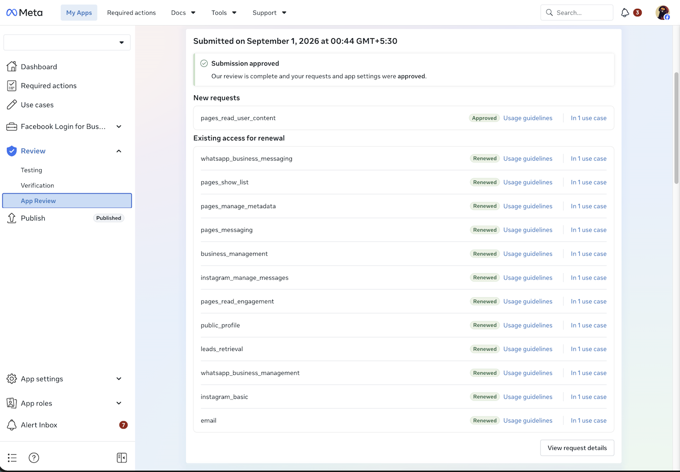 Meta App Review dashboard showing pages_read_user_content approved as a new permission with 12 existing permissions renewed
