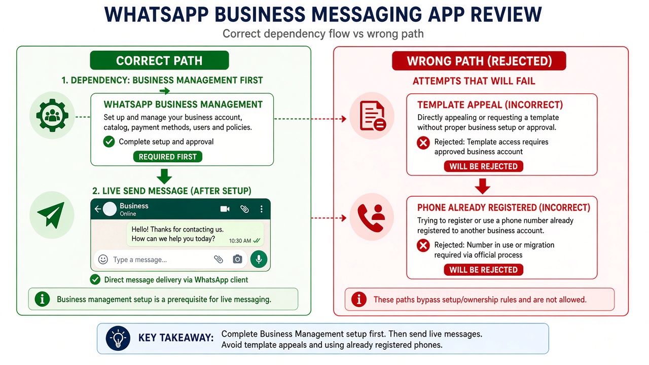 whatsapp_business_messaging App Review permission proof vs template or phone-registration issues