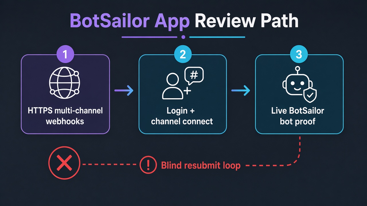 BotSailor app review: HTTPS multi-channel webhooks to Login connect to live bot proof vs blind resubmit loop