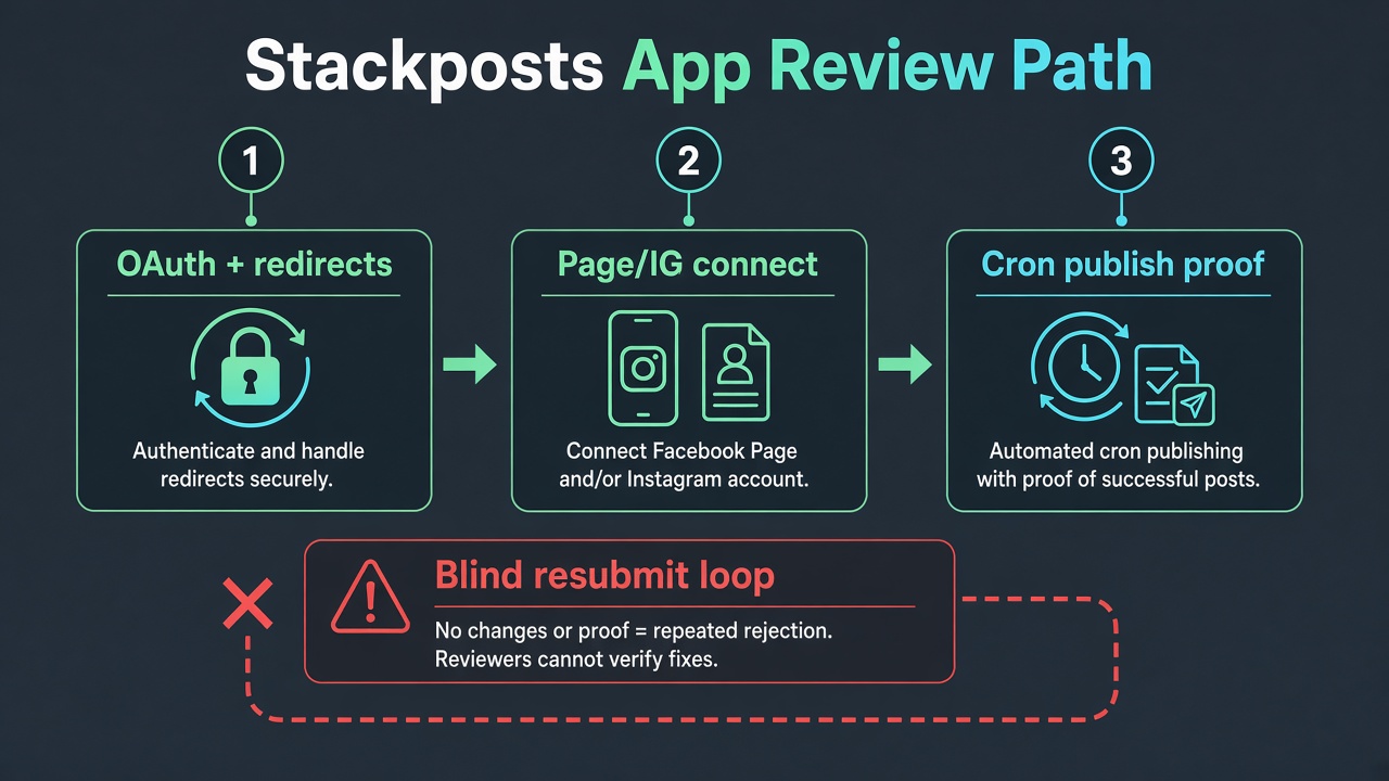 Stackposts app review: OAuth Page connect to cron publish proof vs blind resubmit loop