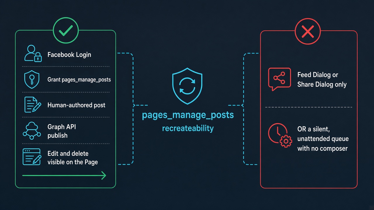 pages_manage_posts App Review: Page admin Graph publish, edit, and delete versus Share Dialog or unattended queue