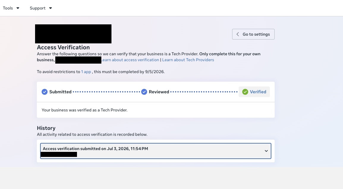 Meta Access Verification case study approval screenshot (client details hidden)