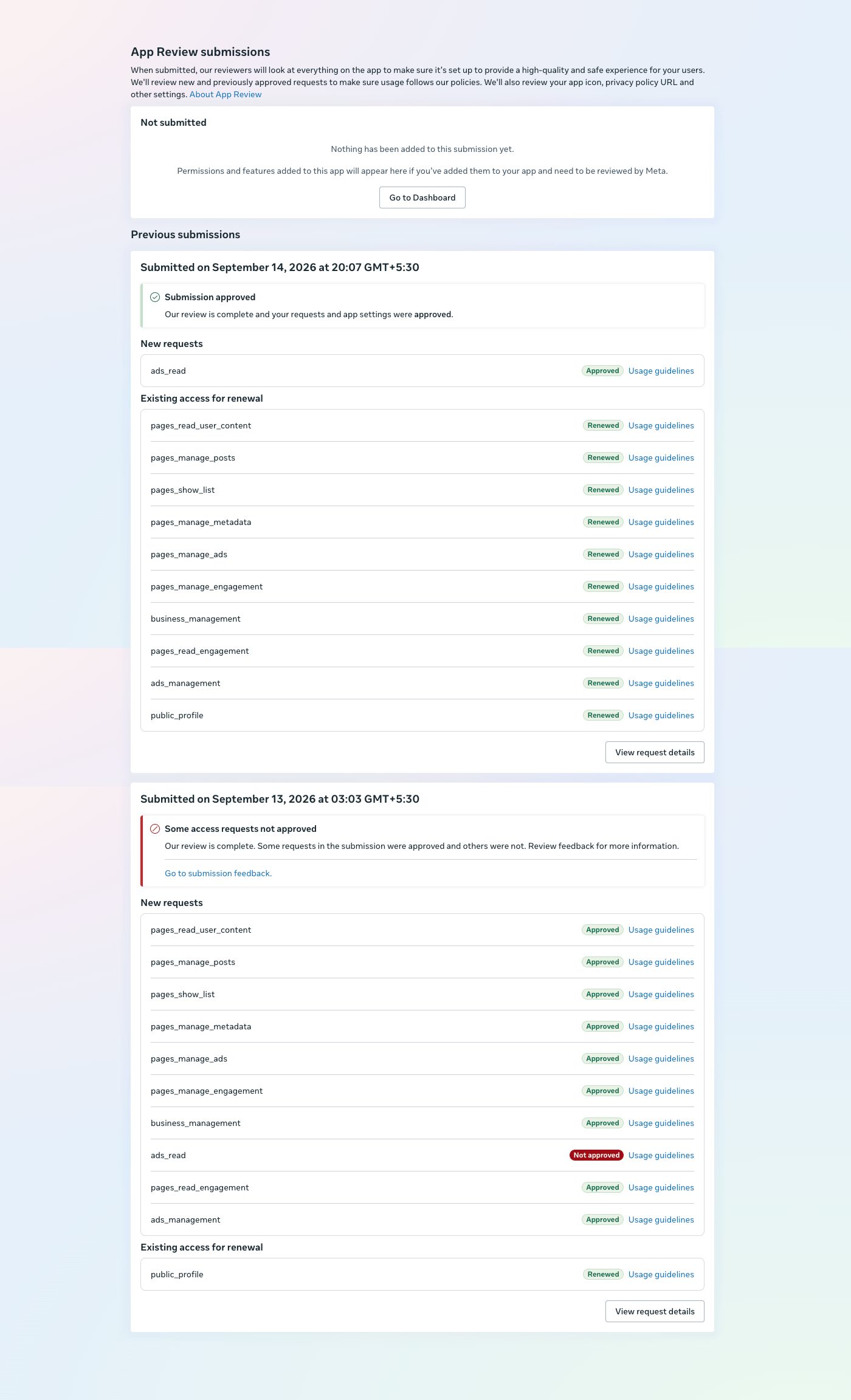 ads_read approved on 14 September 2026 after it was the only rejection on 13 September