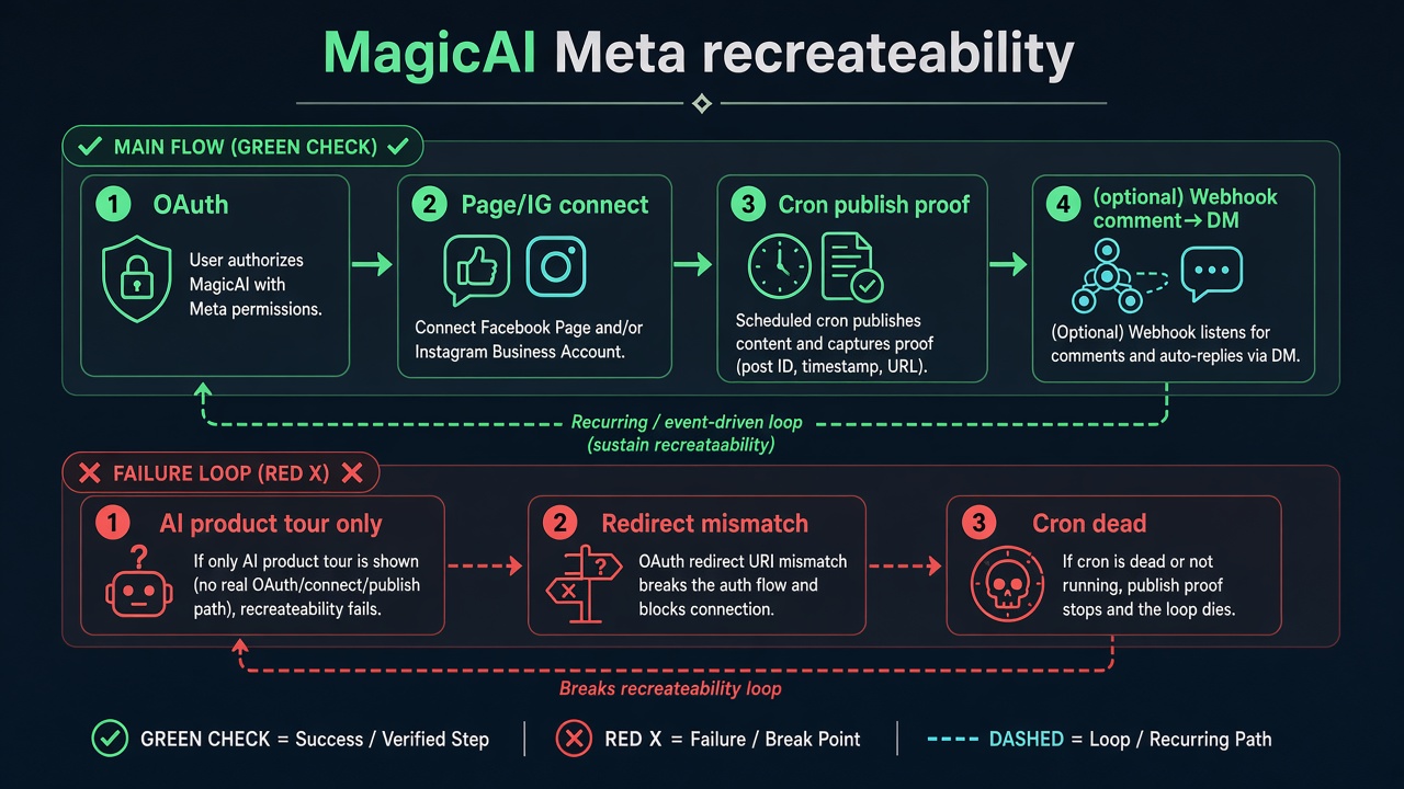MagicAI app review: OAuth Page connect cron publish and optional webhook DM vs AI tour only