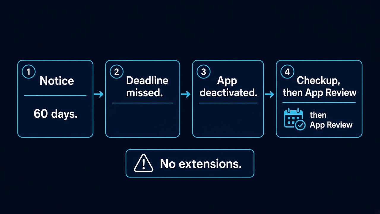 Meta data use checkup flow: 60-day notice, missed deadline, app deactivated, then checkup and App Review