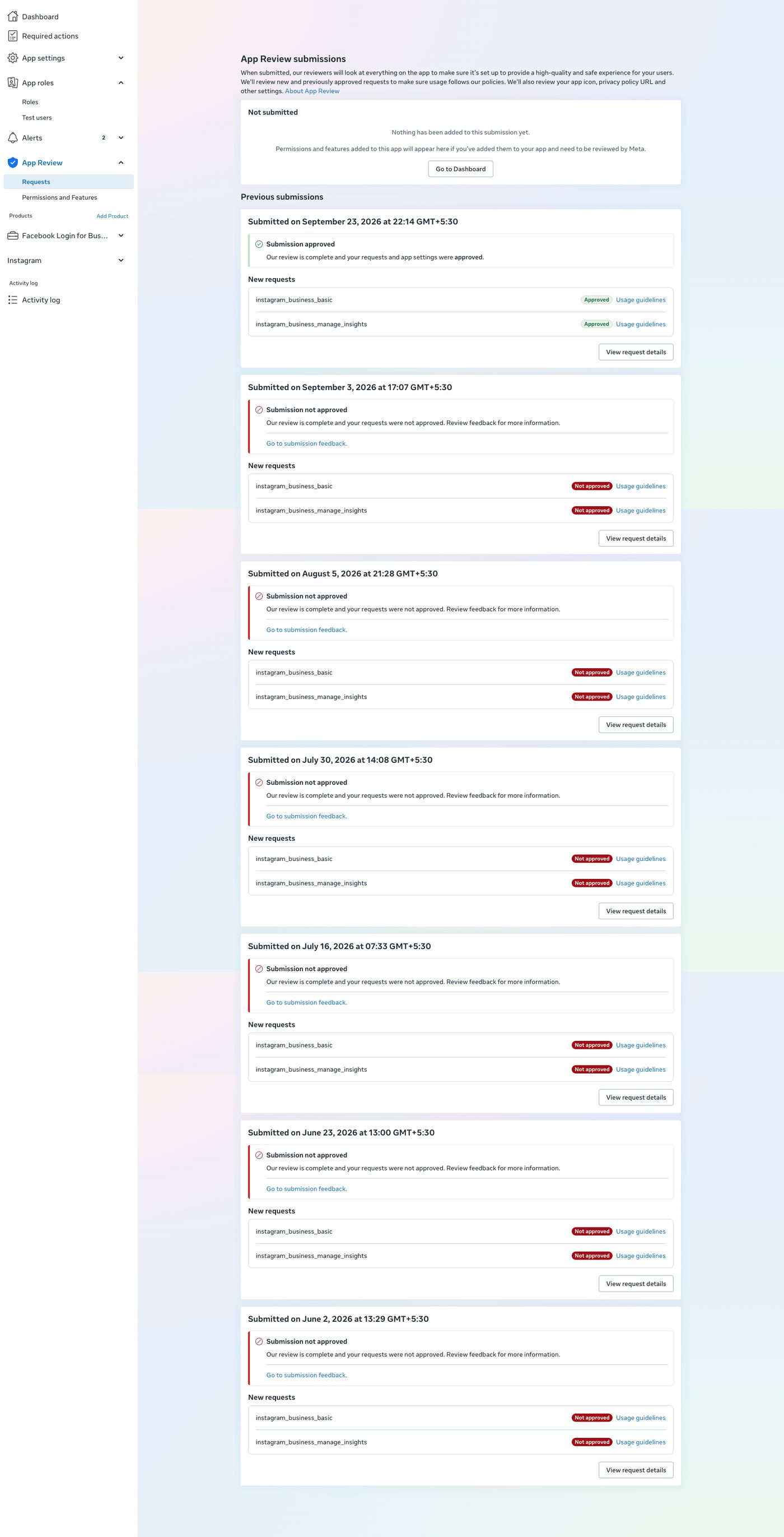 instagram_business_manage_insights and instagram_business_basic approved on 23 September 2026 after six rejections