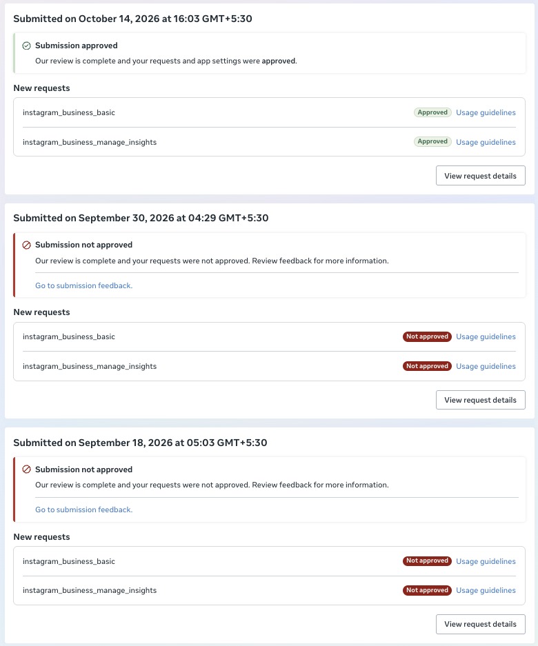 Instagram Insights API approval after 2 rejections – Meta App Review history