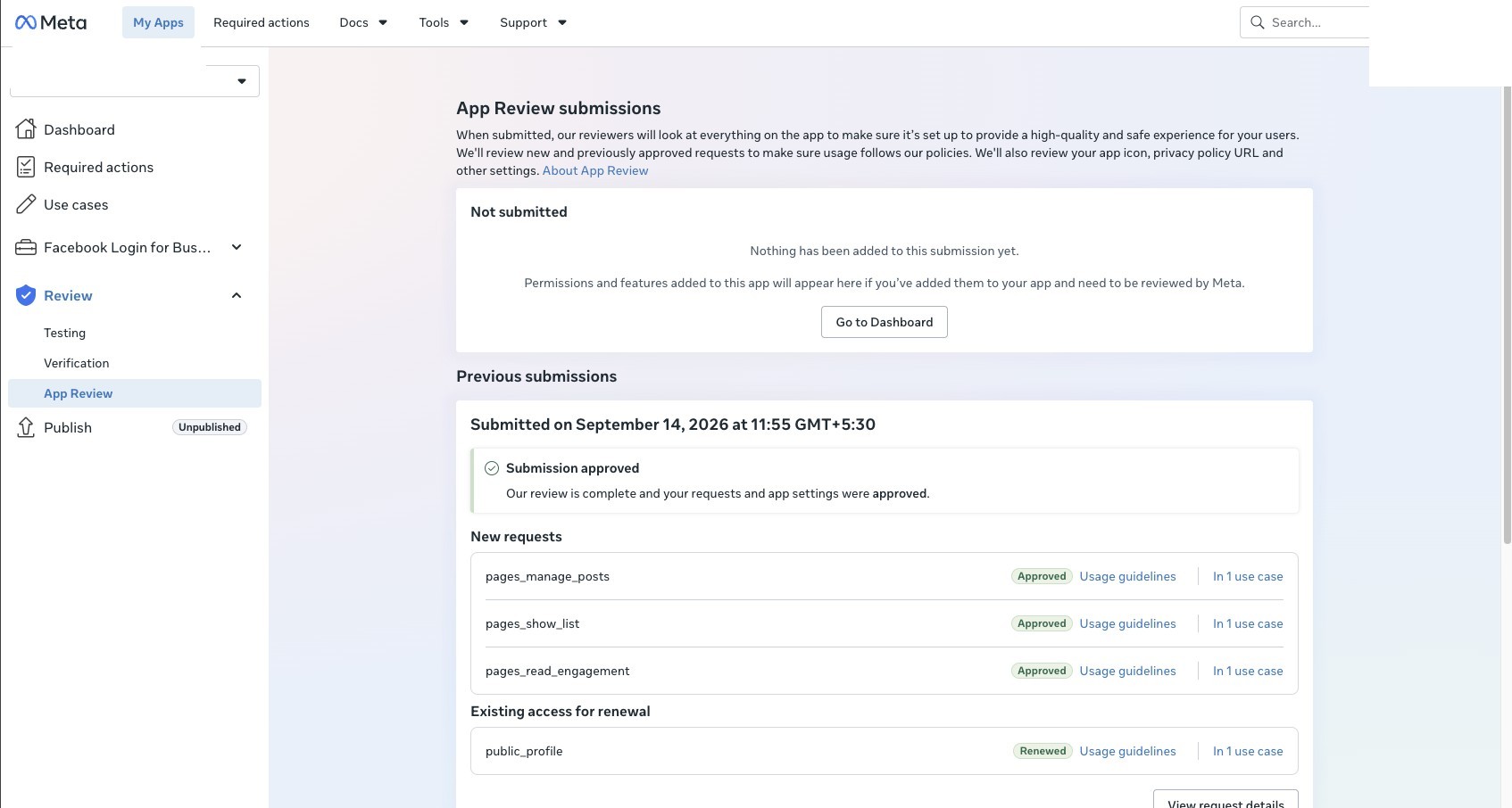 pages_manage_posts approved on 14 September 2026, with pages_show_list and pages_read_engagement
